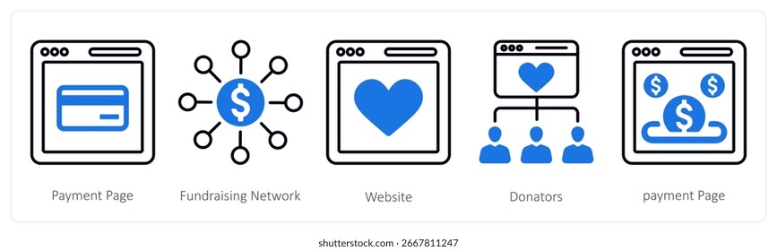 A set of 5 mix icons as payment page, fundraising network
