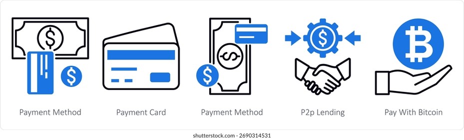 A set of 5 mix icons as payment method, payment card, p2p lending