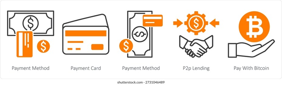 Un conjunto de 5 iconos de mezcla como método de pago, tarjeta de pago, préstamo p2p