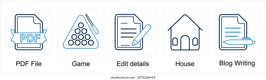 A set of 5 mix icons as pdf file, game, edit details