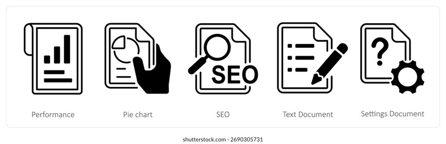 Um conjunto de 5 ícones mistos como desempenho, gráfico de pizza, seo
