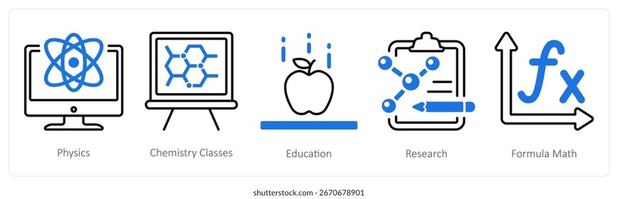 A set of 5 mix icons as physics, chemistry classes, education