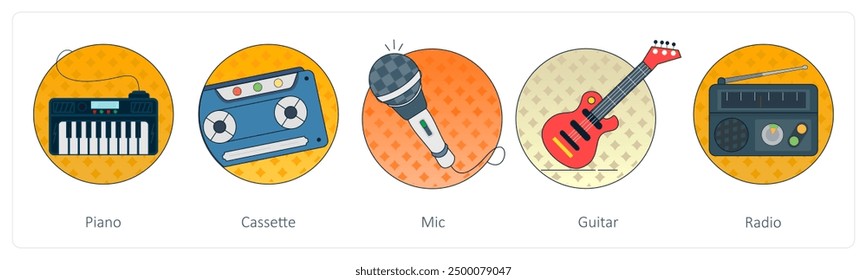 A set of 5 Mix icons as piano, cassette, mic