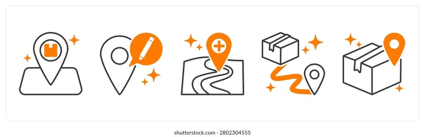 A set of 5 mix icons as pickup point, edit address, add address
