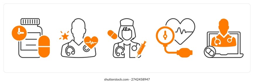 A set of 5 mix icons as pill timer, doctor, nurse