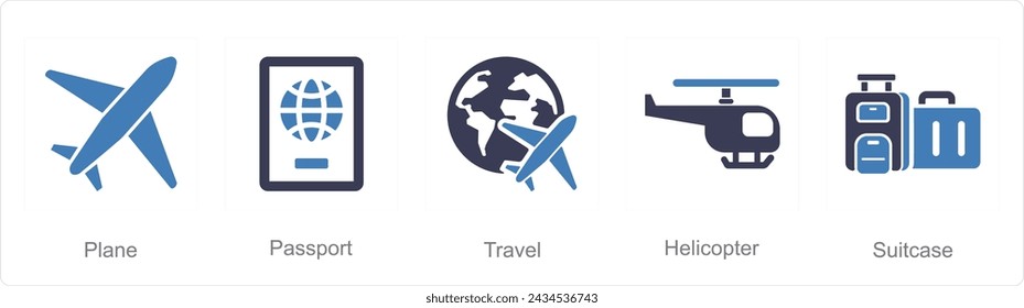 A set of 5 Mix icons as plane, passport, travel