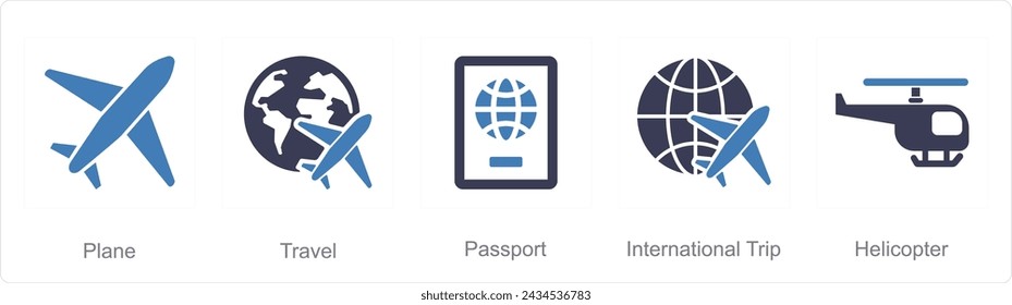 Un conjunto de 5 iconos de mezcla como avión, viaje, pasaporte