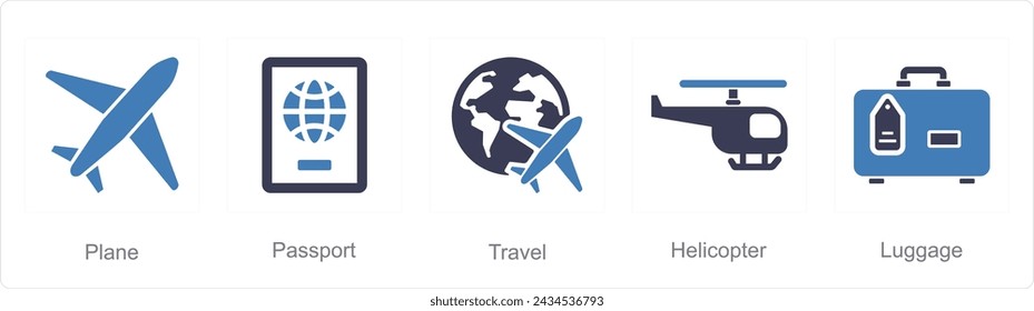 A set of 5 Mix icons as plane, passport, travel