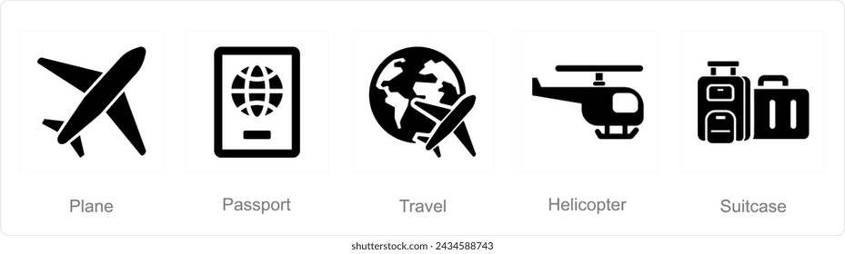 A set of 5 Mix icons as plane, passport, travel