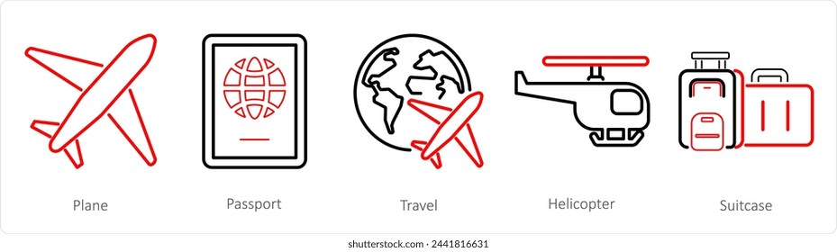 A set of 5 Mix icons as plane, passport, travel