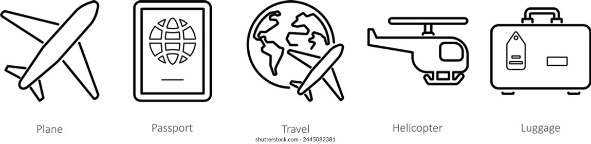 A set of 5 Mix icons as plane, passport, travel