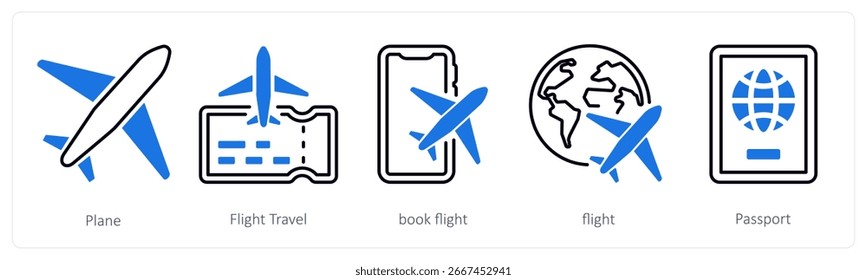 Un conjunto de 5 iconos de mezcla como avión, viaje de vuelo, reservar vuelo