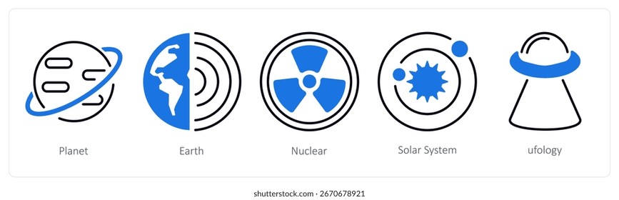 A set of 5 mix icons as planet, earth, nuclear
