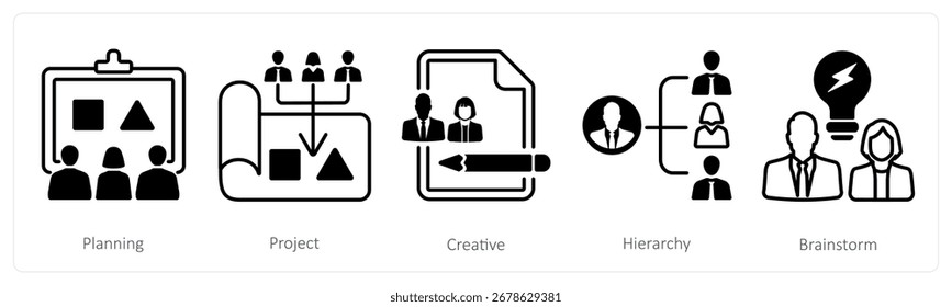 Ein Satz von 5 Mix-Icons als Planung, Projekt, Kreativität