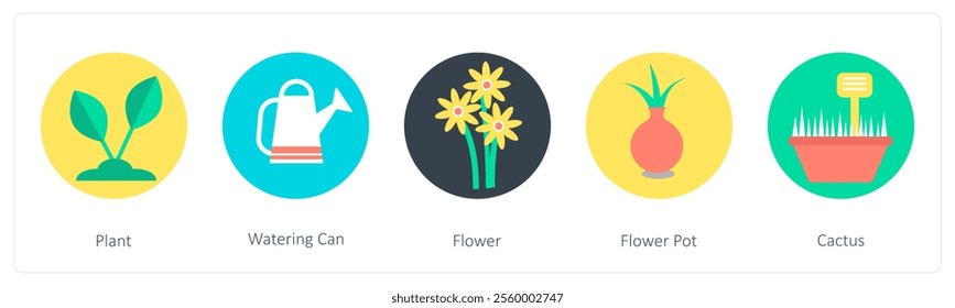 A set of 5 mix icons as plant, watering can, flower