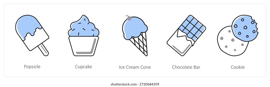 Um conjunto de 5 ícones mistos como picolé, cupcake, cone de sorvete na cor cinza