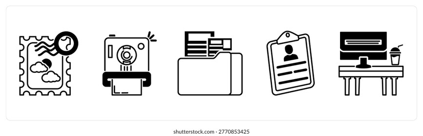 A set of 5 mix icons as postage stamp, instant camera, folder