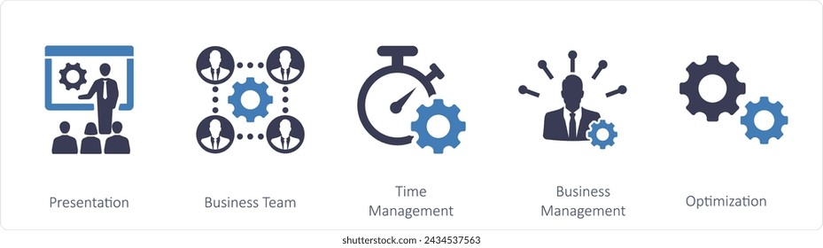 A set of 5 mix icons as presentation, business team, time management