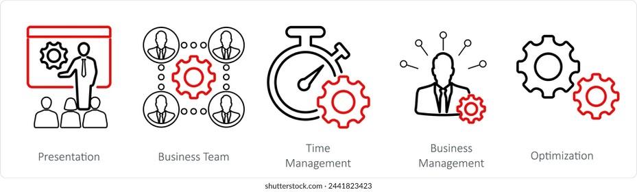 A set of 5 mix icons as presentation, business team, time management