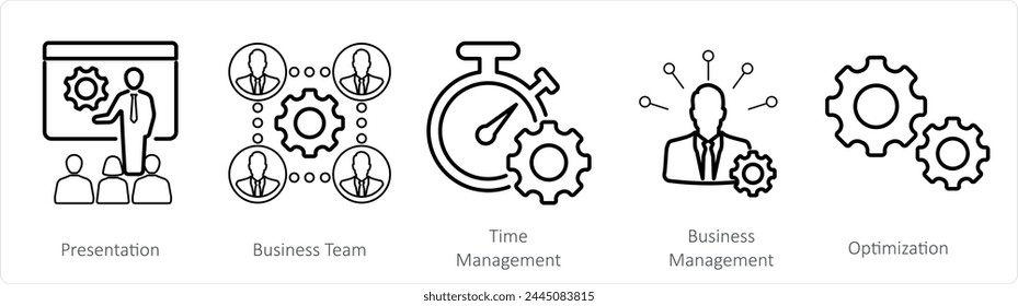 Un conjunto de 5 iconos de mezcla como presentación, equipo de negocios, gestión del tiempo