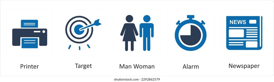 Un conjunto de 5 íconos de mezcla como impresora, objetivo, hombre mujer