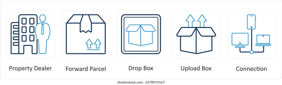 A set of 5 mix icons as property dealer, forward parcel, drop box