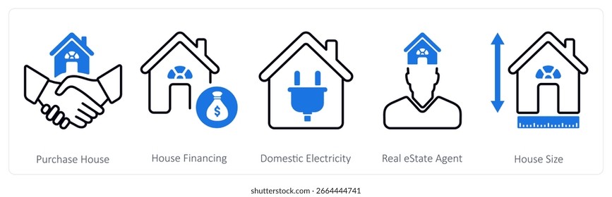 Un conjunto de 5 iconos de mezcla como comprar casa, financiación de la casa, electricidad doméstica