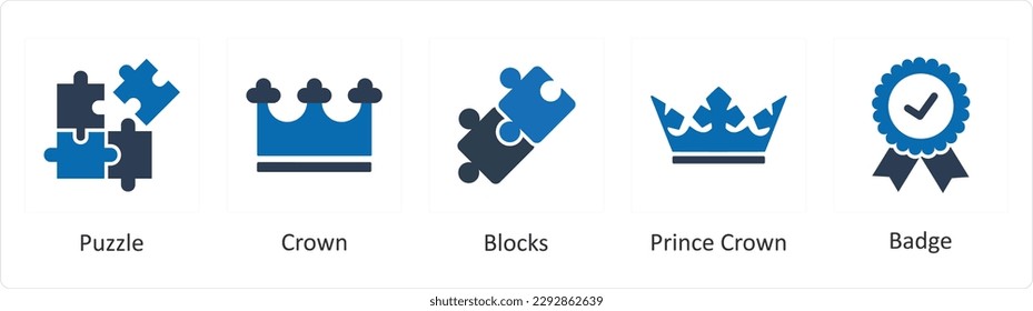 A set of 5 Mix icons as puzzle, crown, blocks