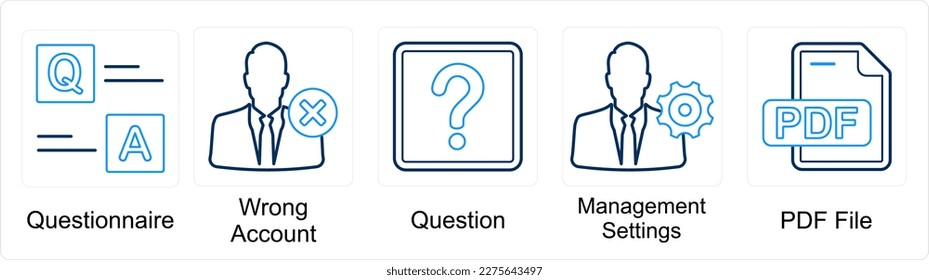 A set of 5 mix icons as questionnaire, wrong account, question, management settings