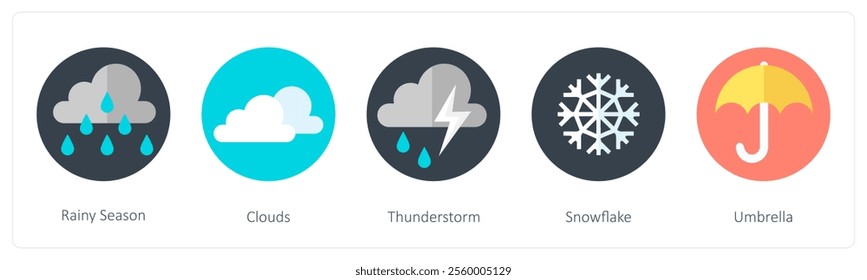 A set of 5 mix icons as rainy season, clouds, thunderstorm