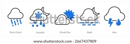 A set of 5 mix icons as rainy cloud, snowfall, cloudy day