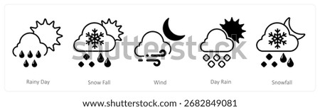 A set of 5 mix icons as rainy day, snowfall, wind