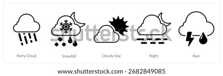 A set of 5 mix icons as rainy cloud, snowfall, cloudy day