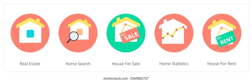 A set of 5 mix icons as real estate, home search, house for sale