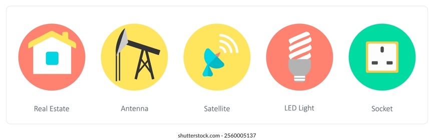 A set of 5 mix icons as real estate, antenna, satellite