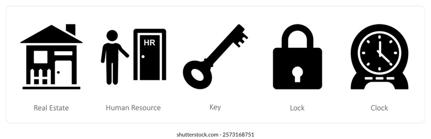 A set of 5 mix icons as real estate, human resource, key