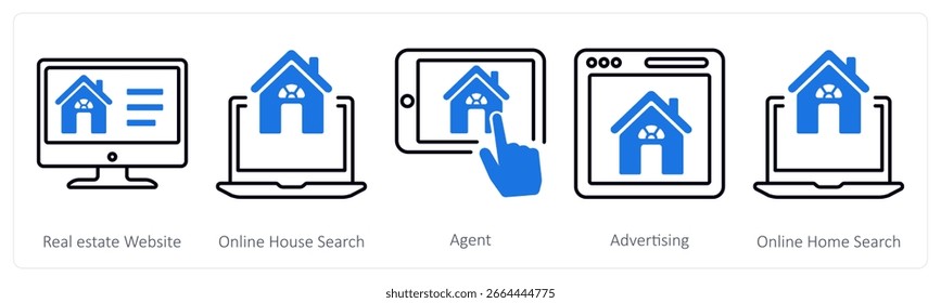 Un conjunto de 5 iconos de mezcla como Sitio web inmobiliario, búsqueda de casa en línea, agente