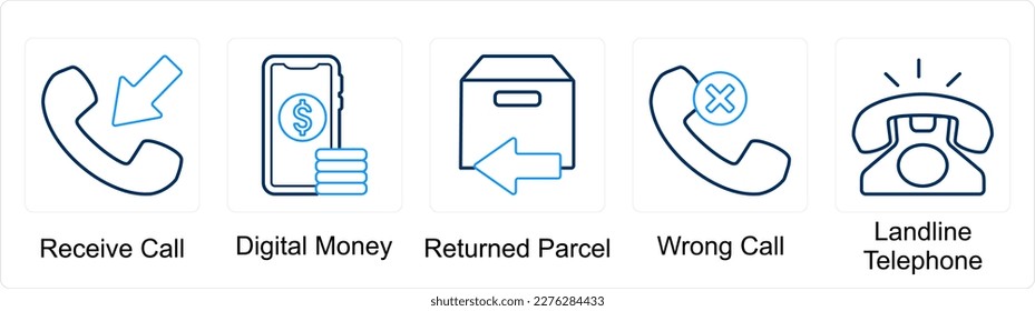 A set of 5 mix icons as receive call, digital money, returned parcel