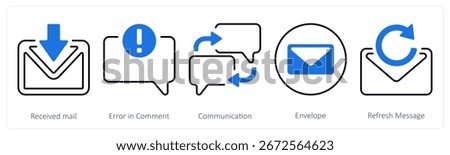A set of 5 mix icons as received mail, error in comment, communication