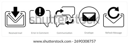 A set of 5 mix icons as received mail, error in comment, communication