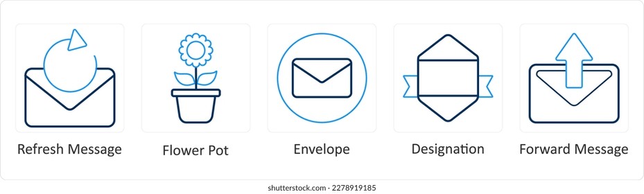 A set of 5 mix icons as refresh message, flower pot, envelope