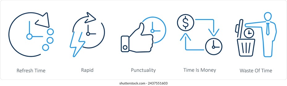 A set of 5 mix icons as refresh time, rapid, punctuality