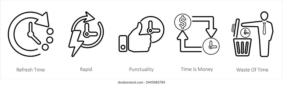 Un conjunto de 5 iconos de mezcla como tiempo de actualización, rápido, puntualidad