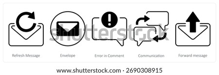 A set of 5 mix icons as refresh message, envelope, error in comment