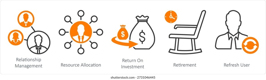 Un conjunto de 5 iconos de mezcla como la gestión de relaciones, asignación de recursos, retorno de la inversión
