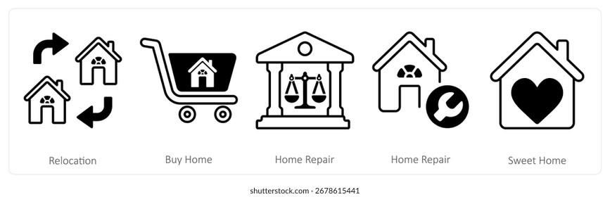 Un conjunto de 5 iconos de mezcla como reubicación, comprar casa, corte