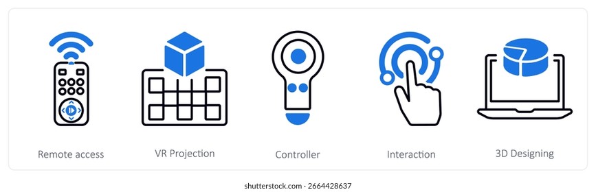 Ein Satz von 5 Mix-Symbolen als Remote-Zugriff, VR-Projektion, Controller