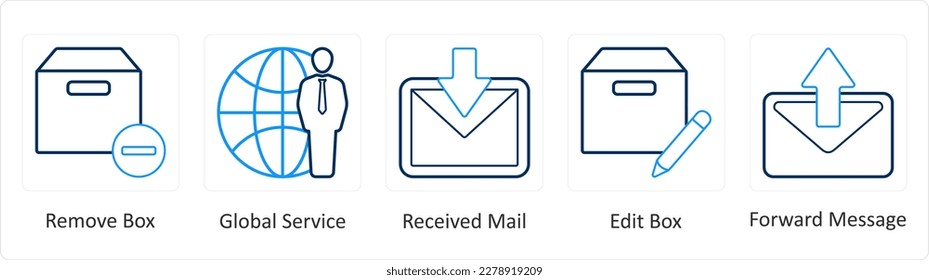 A set of 5 mix icons as remove box, global service, received mail
