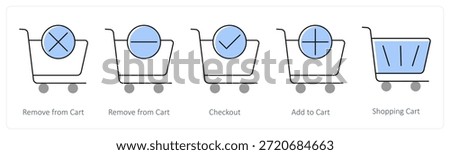 A set of 5 mix icons as remove from cart, checkout, add to cart in grey color