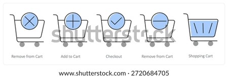 A set of 5 mix icons as remove from cart, add to cart, checkout in grey color